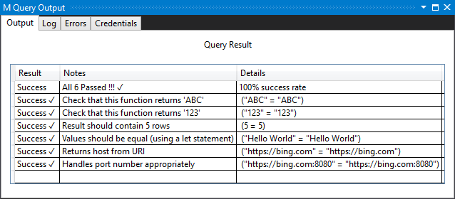 Screenshot dell'output della query M di Visual Studio in cui vengono superati tutti i test.