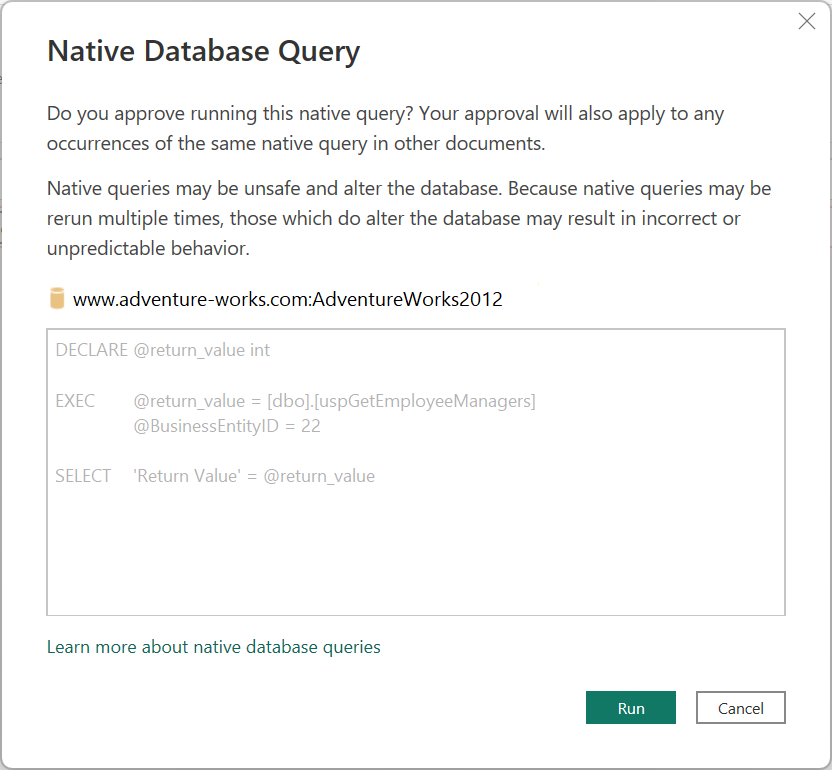 Schermata della finestra di dialogo della query nativa del database in cui si autorizza l'esecuzione della query nativa.