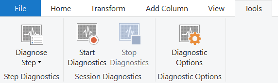 Screenshot delle funzionalità di diagnostica delle query nella barra multifunzione degli strumenti di Power Query.