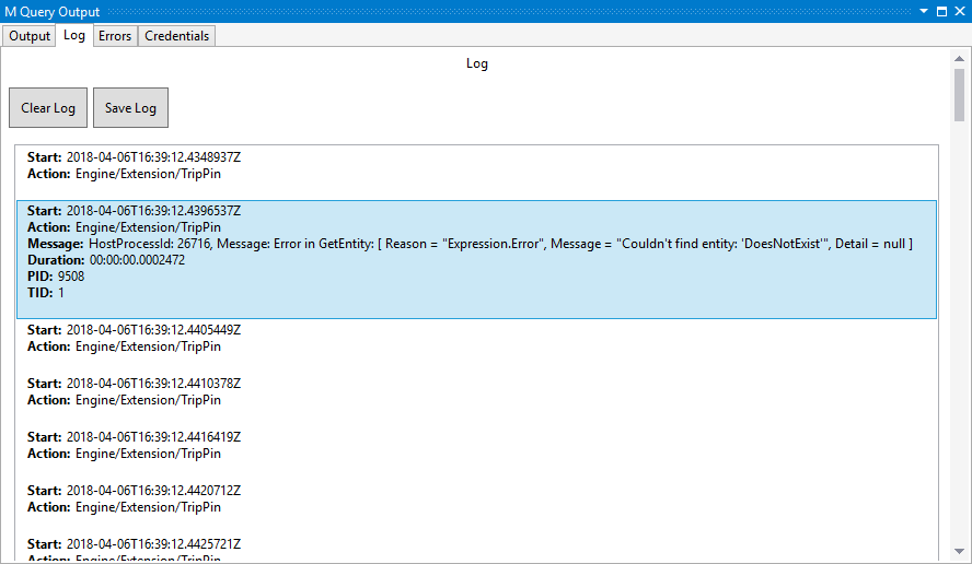 Screenshot dell'output della query M che mostra il messaggio di errore di registro.
