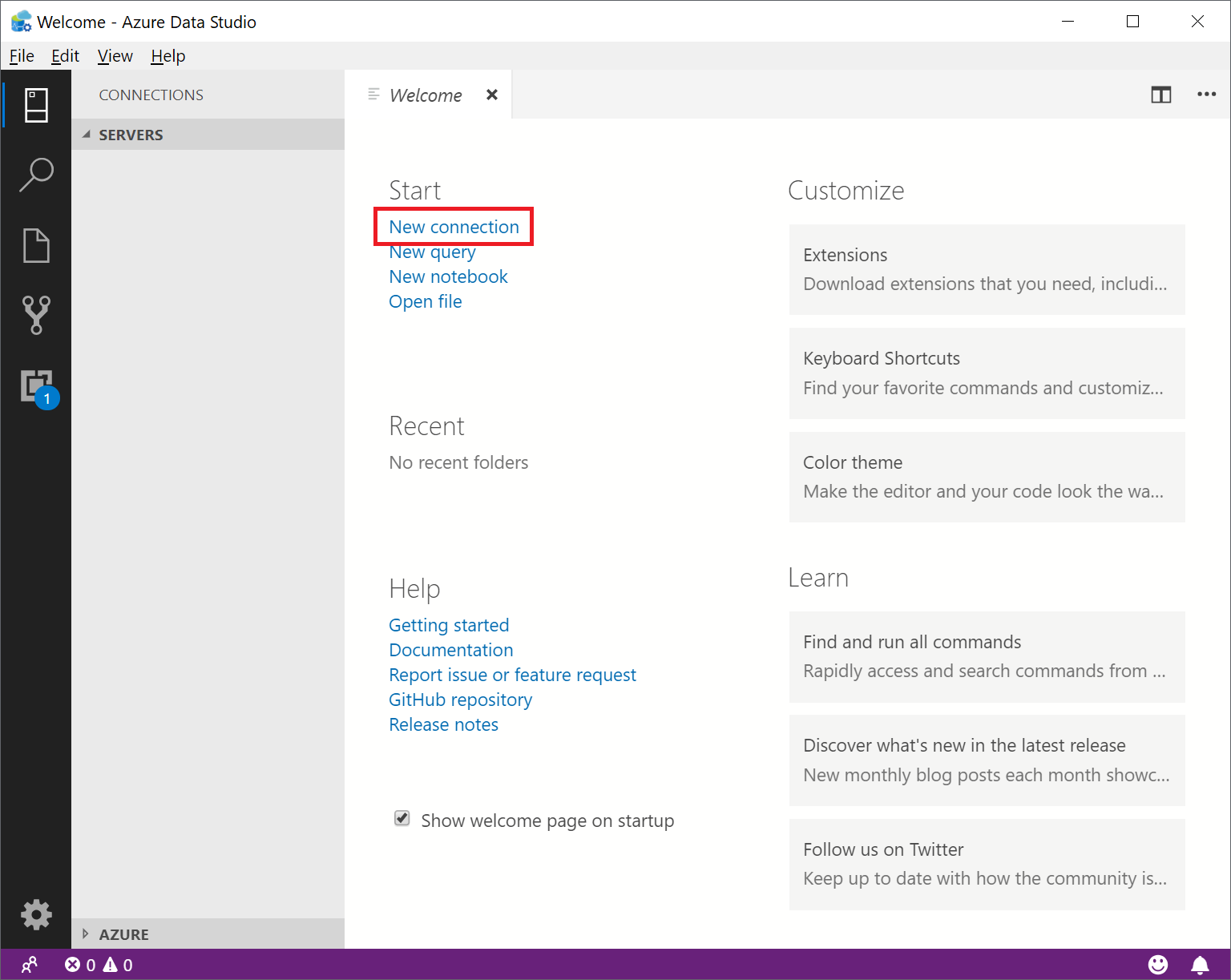 Screenshot che mostra la finestra di dialogo Benvenuto di Azure Data Studio con l'opzione Prossima connessione evidenziata.
