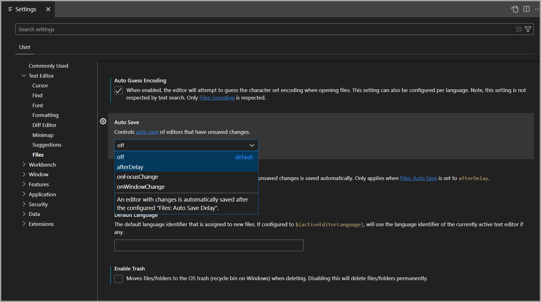 Screenshot delle impostazioni modificate nell'editor delle impostazioni in Azure Data Studio.