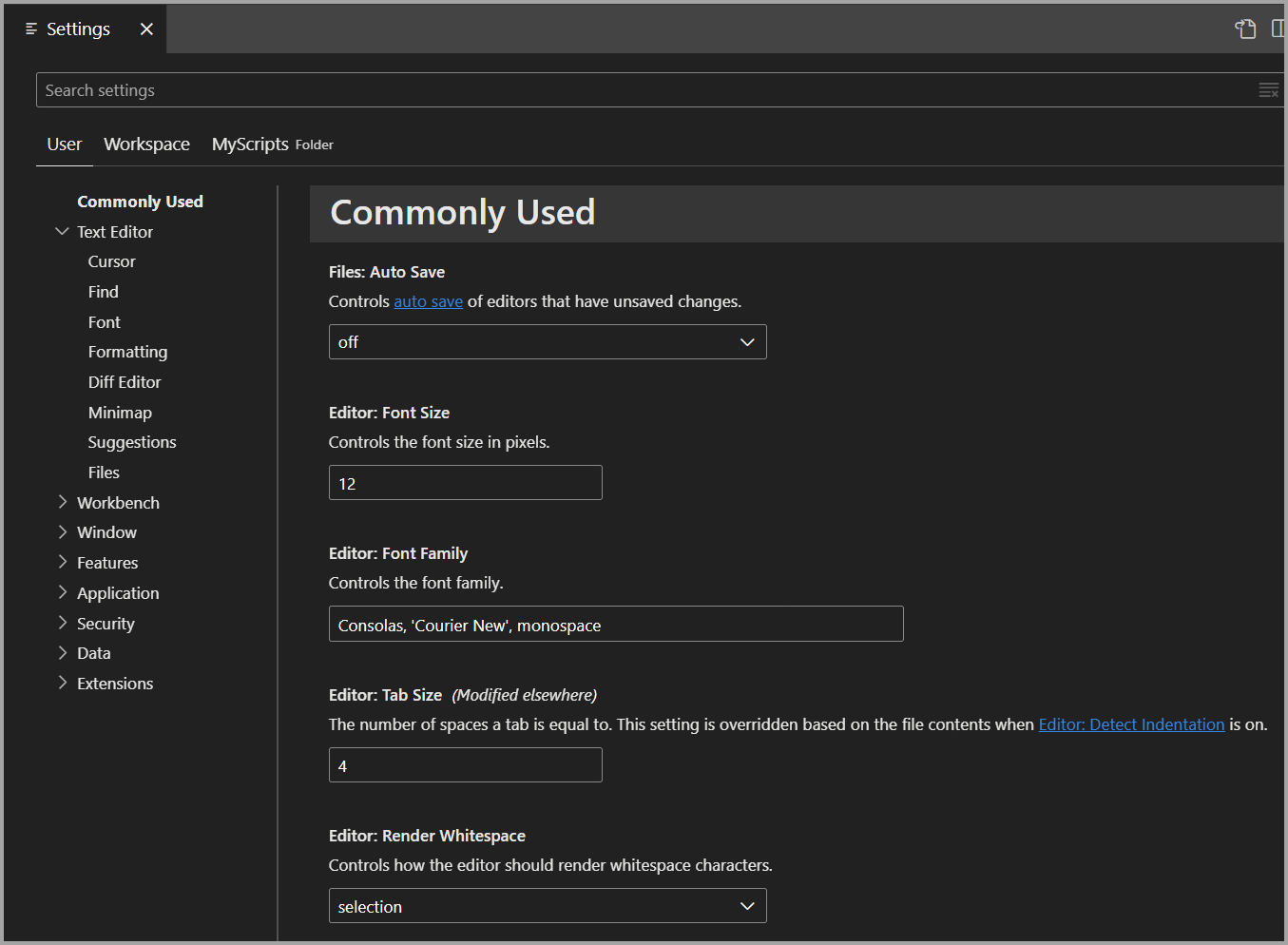 Screenshot dell'editor delle impostazioni in Azure Data Studio.