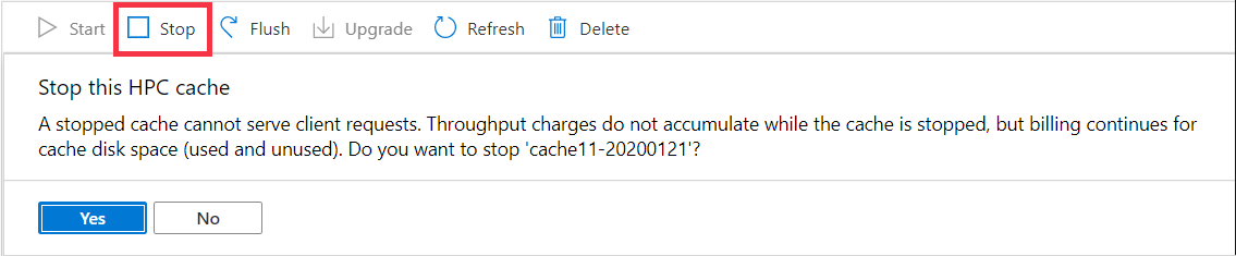 screenshot dei pulsanti in alto con Stop evidenziato e un messaggio popup che descrive l'azione di arresto e chiede 'vuoi continuare?' con i pulsanti Sì (impostazione predefinita) e No