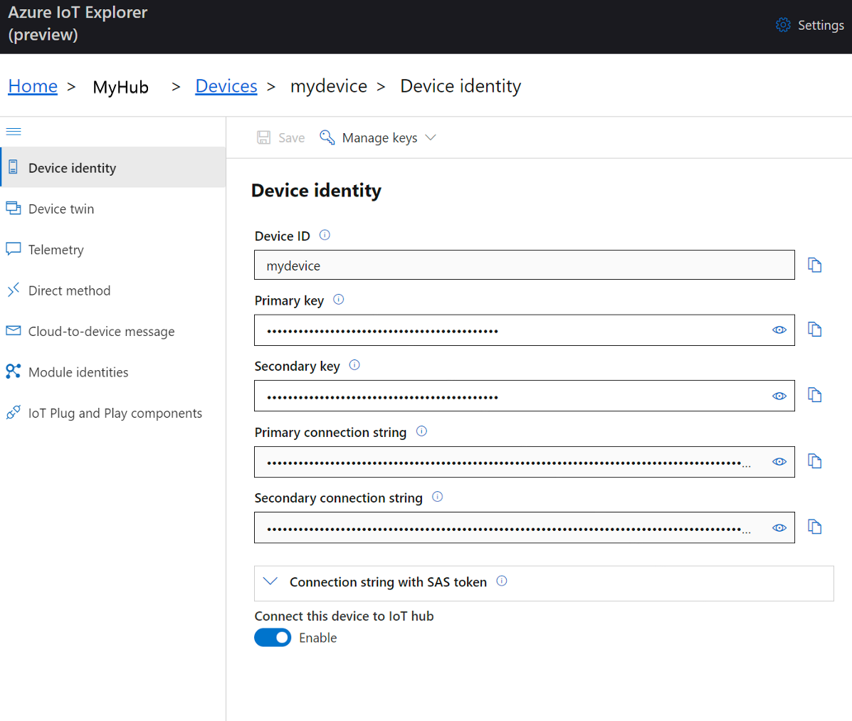 Screenshot dell'identità del dispositivo di Azure IoT Explorer.