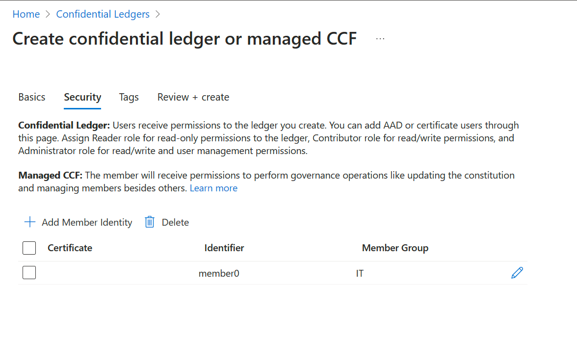 Screenshot della scheda Sicurezza risorse CCF gestita.