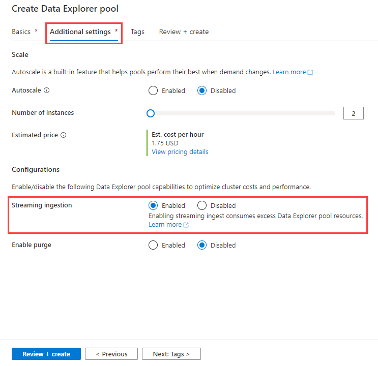 Abilitare l'inserimento in streaming durante la creazione di un pool di Esplora dati in Azure Synapse.