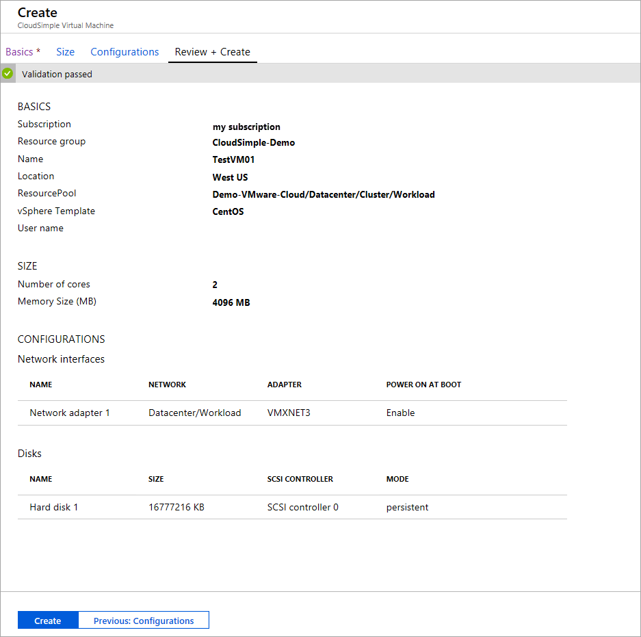 Creare una macchina virtuale CloudSimple - esaminare