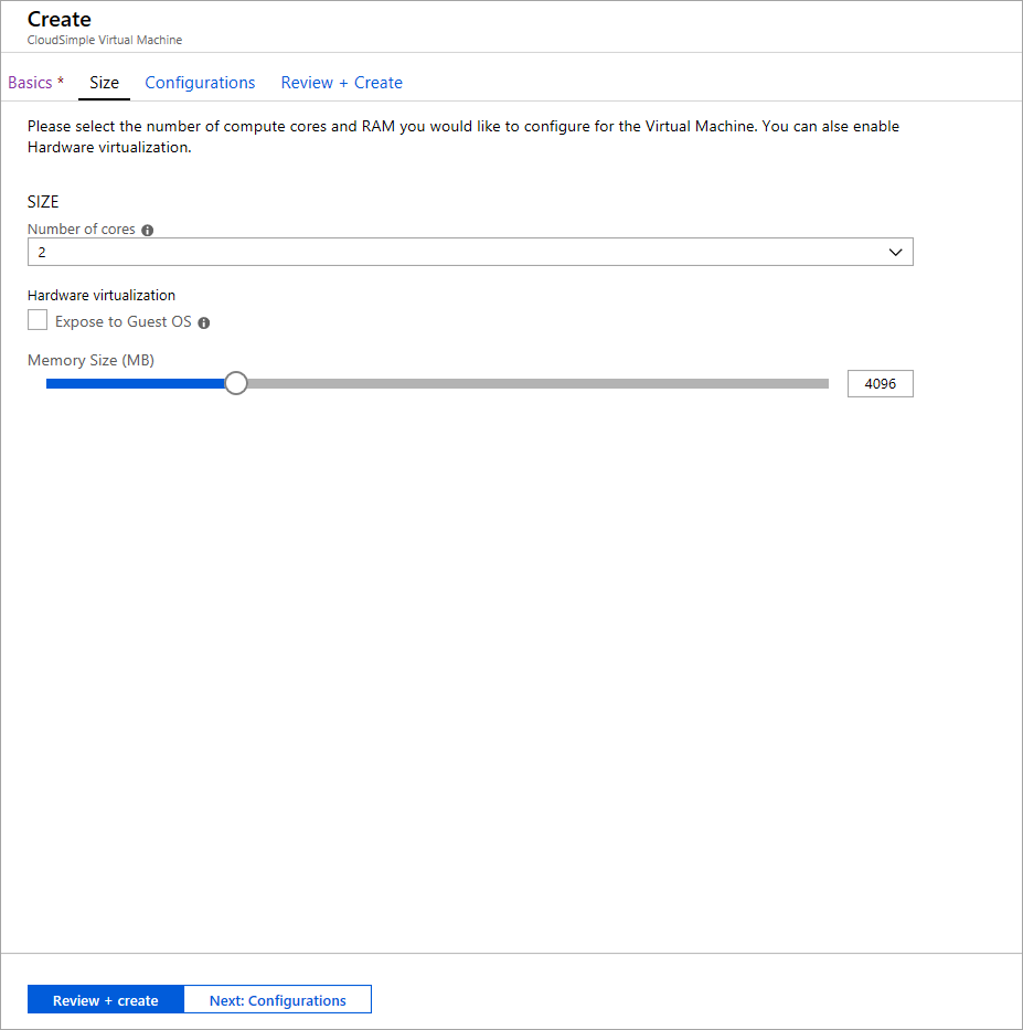 Creare una macchina virtuale CloudSimple : dimensioni