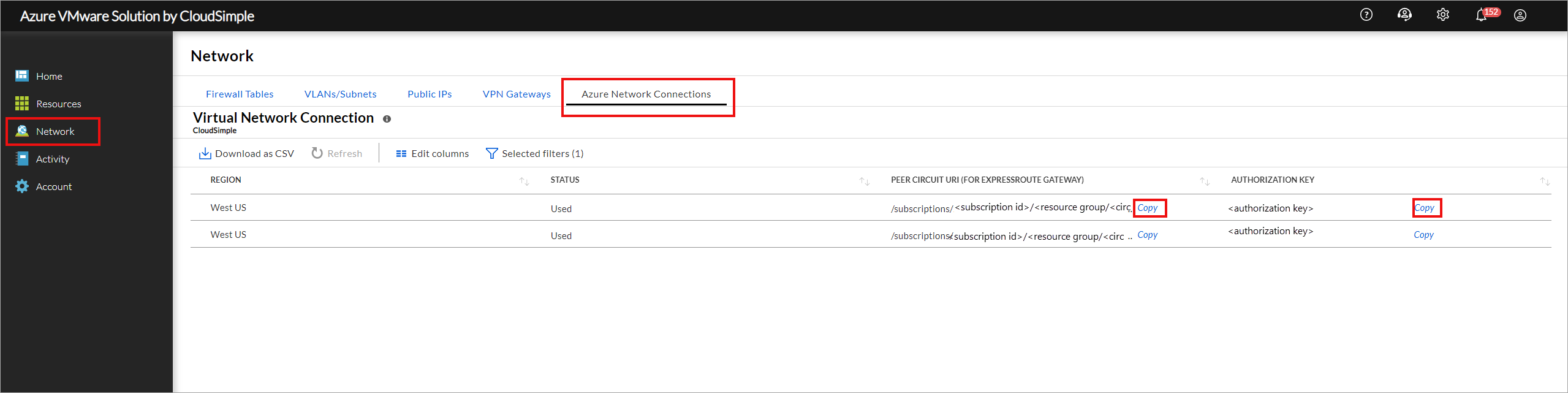 Pagina Connessione rete virtuale