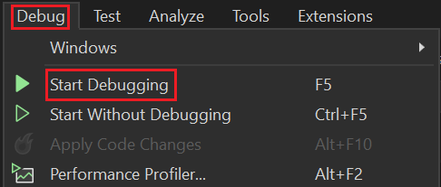 Screenshot che mostra la selezione dell'azione di avvio debug.