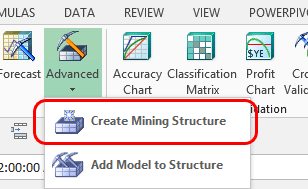 Pulsante Crea struttura di data mining, barra multifunzione Data mining