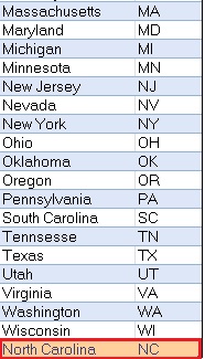 Excel - Aggiungi Nord Carolina agli Stati