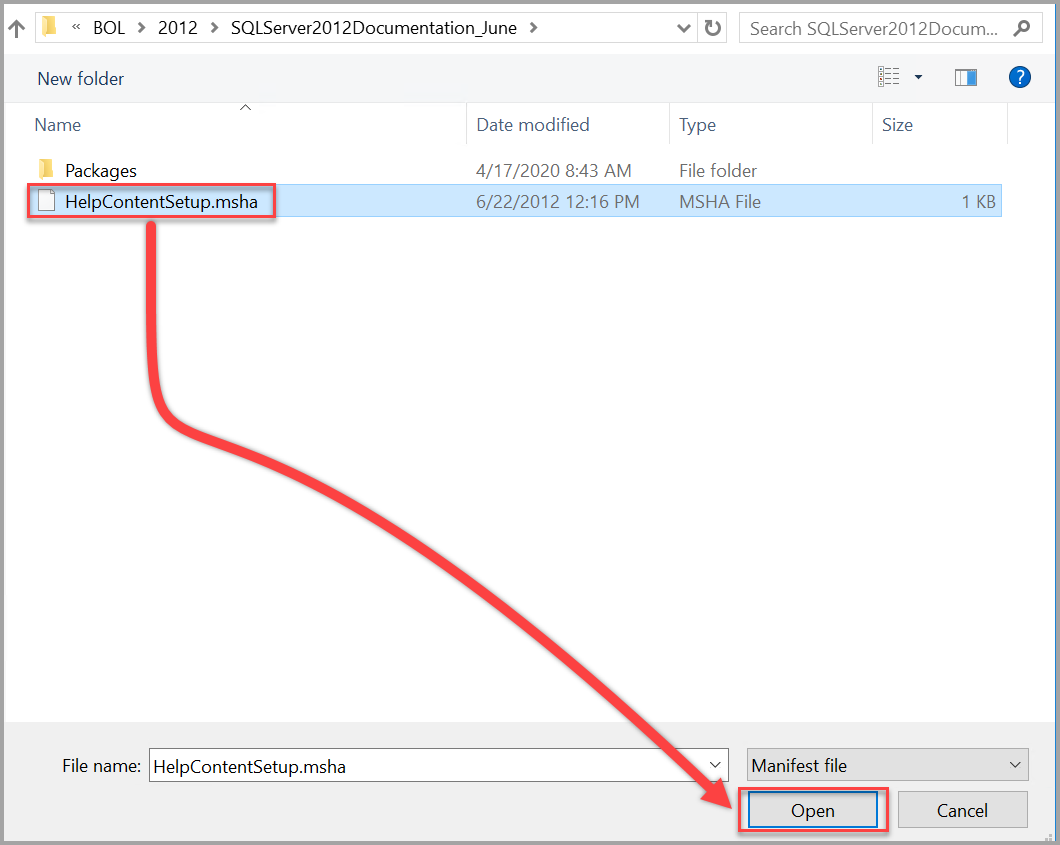 Aprire il file del contenuto della Guida di SQL Server 2012 Setup.msha