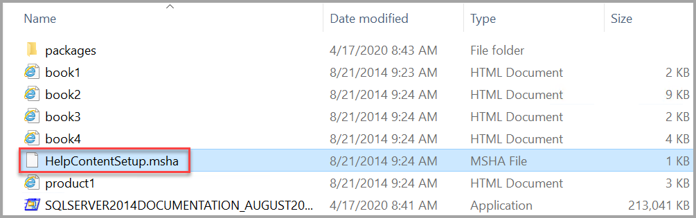 File di installazione della Guida di SQL Server 2014