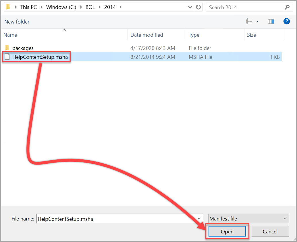 Aprire il file del contenuto della Guida di SQL Server 2014 Setup.msha