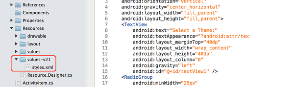Percorso di styles.xml nella cartella Resources/values-21.xml