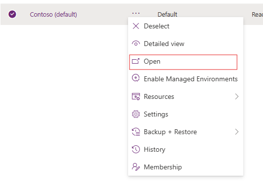 Screenshot del pulsante Apri istanza di Dataverse.