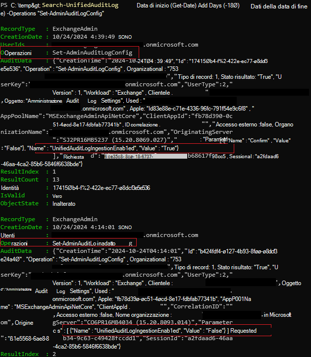 Screenshot di un record di controllo che mostra che le impostazioni di controllo sono state modificate.