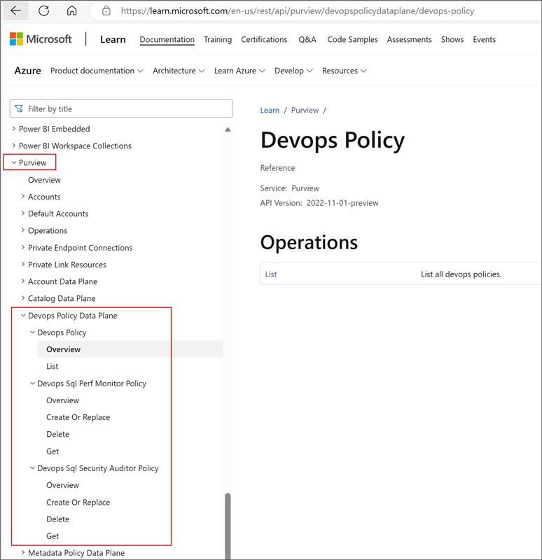 Screenshot che mostra dove trovare l'API DevOps nel menu Azure API REST.