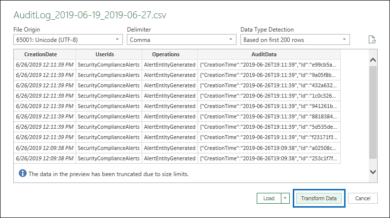 Screenshot della finestra di dialogo di importazione con l'opzione Trasforma dati selezionata per aprire il file in editor di Power Query.