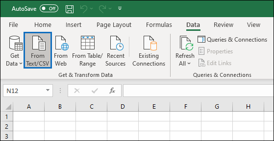 Screenshot della scheda Dati di Excel con l'opzione Da testo/CSV selezionata per importare il file di log di controllo.