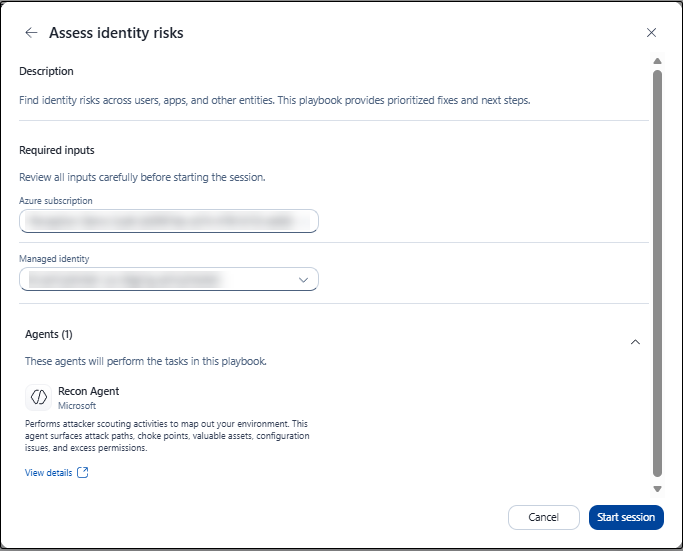 Schermata del playbook Valuta i rischi di identità con i relativi input di sessione richiesti.