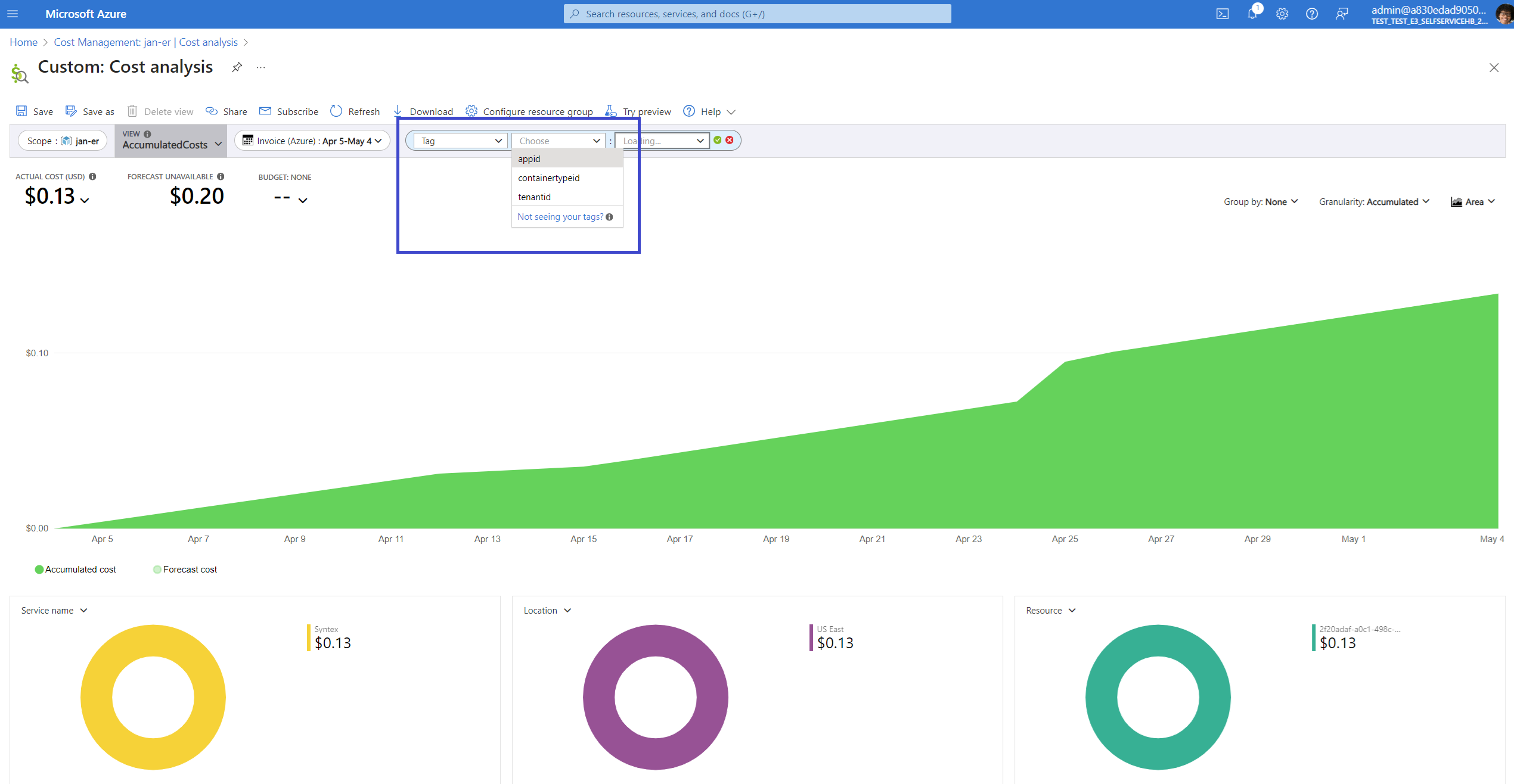 Azure Cost analysis view with filters to break down cost by meter, app ID, tenant ID, or container type ID.
