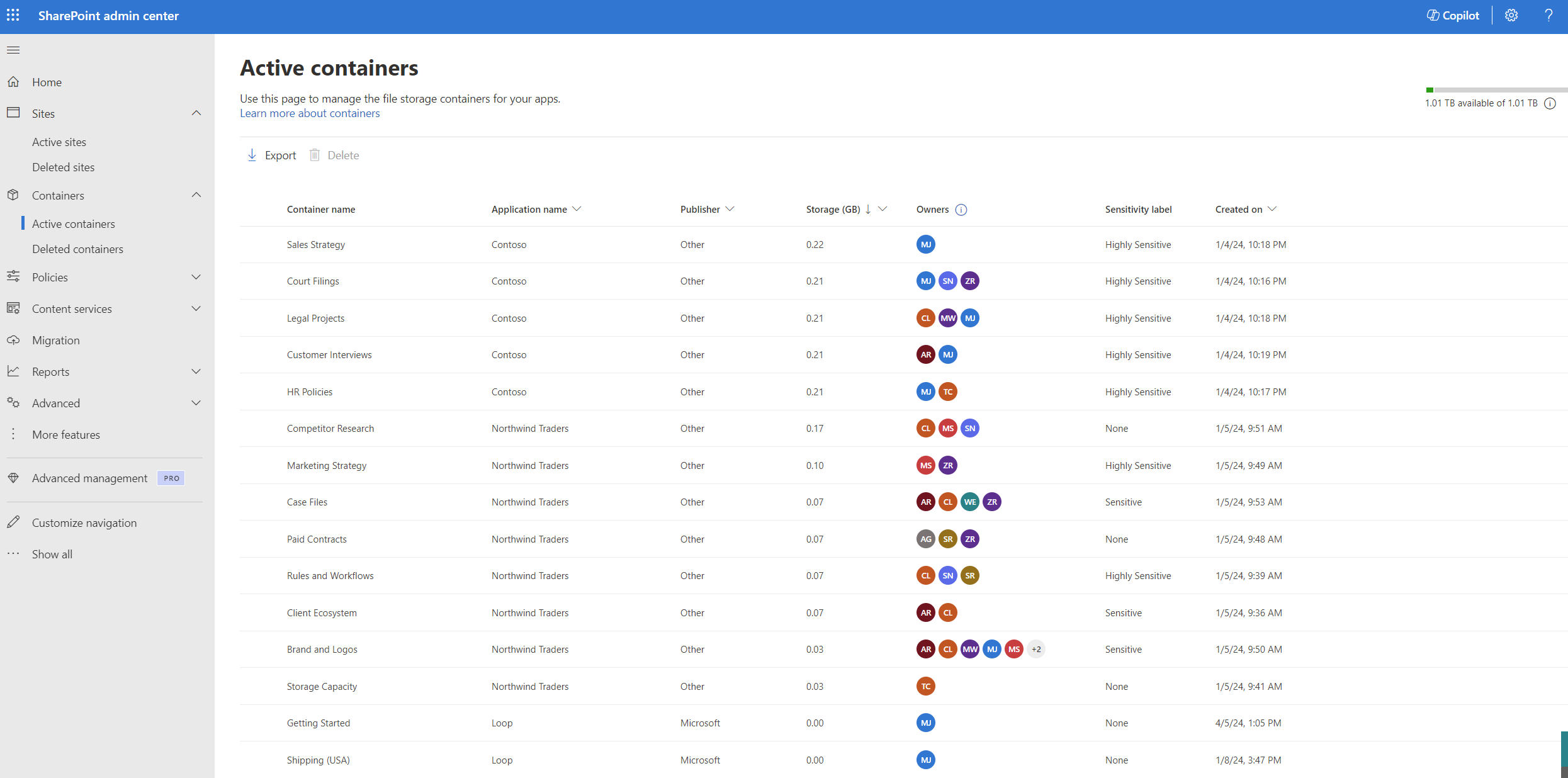 Active containers page listing containers with columns for name, application, publisher, ownership type, storage, owners, sensitivity label, and created date.