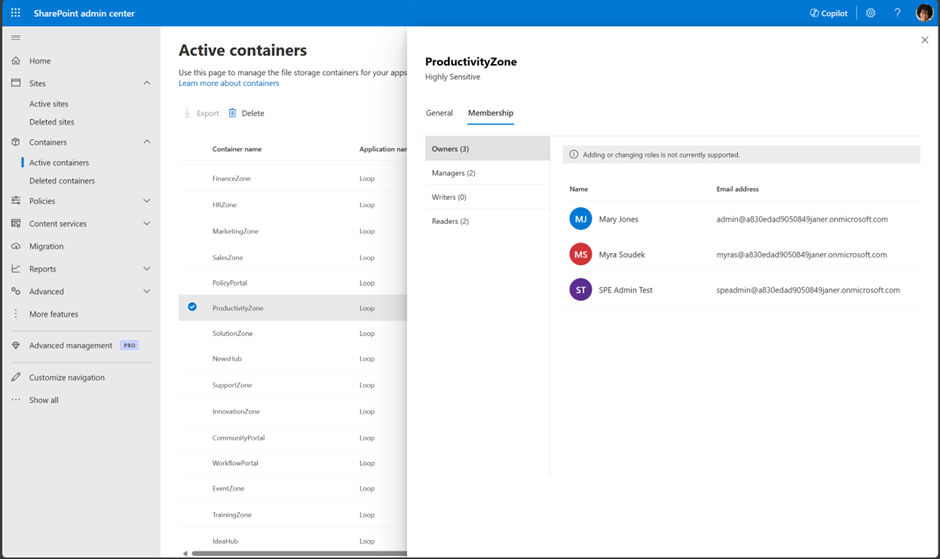 Container details Membership tab showing the Owner, Manager, Writer, and Reader roles with their assigned users.