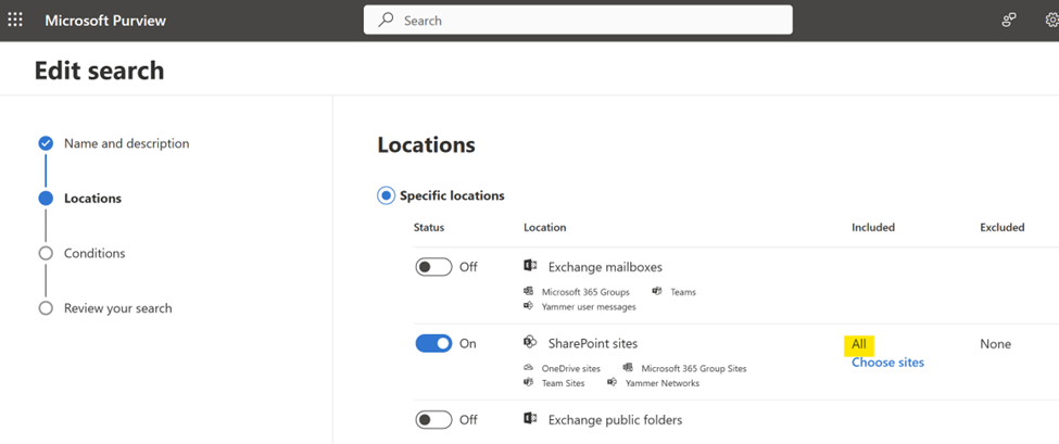Microsoft Purview eDiscovery search configured with All SharePoint sites selected to include all SharePoint Embedded containers.
