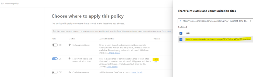 Microsoft Purview retention policy scoped to selected SharePoint Embedded container URLs.