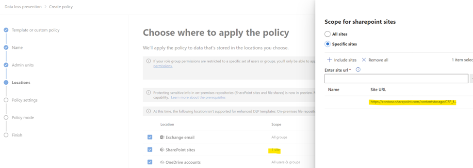 Microsoft Purview DLP policy scoped to selected SharePoint Embedded container URLs.