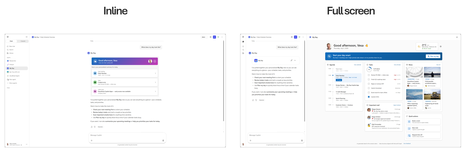 A Copilot component shown in inline mode next to the same component in fullscreen mode.