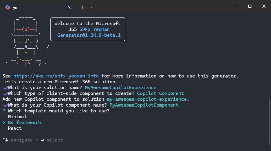 The SharePoint Framework generator showing the Minimal, No framework, and React starter templates.