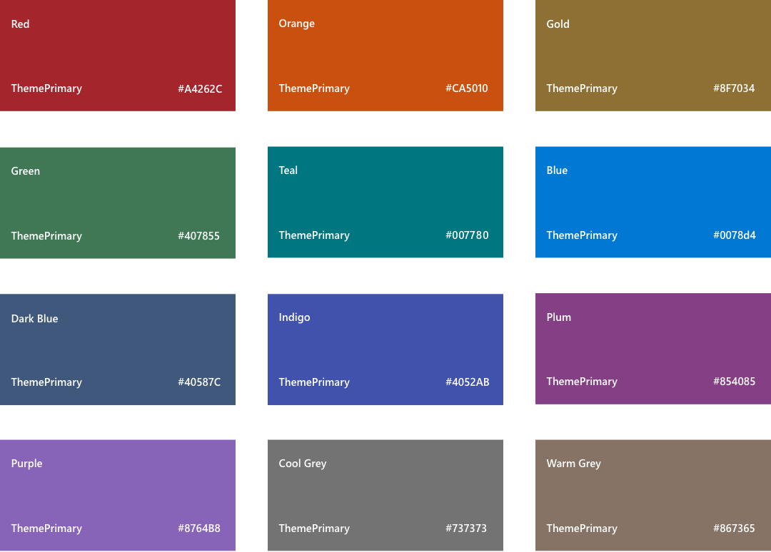 SharePoint color palette, Red A4262C, Orange CA5010, Gold 986f0b, Green 498205, Teal 007780, Blue 0078d4, Dark Blue 004e8c, Indigo 4f6bed, Plum 881798, Purple 8764B8, Cool Grey 69797e, Warm Grey 7a7574
