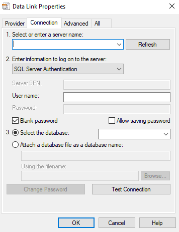 Screenshot delle pagine di collegamento dati OLE DB - scheda Connessione.
