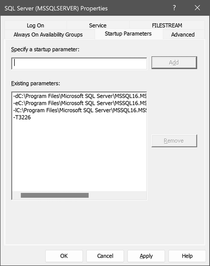 Screenshot della finestra di dialogo delle Proprietà di SQL Server (MSSQLSERVER), con la scheda Parametri di avvio selezionata.