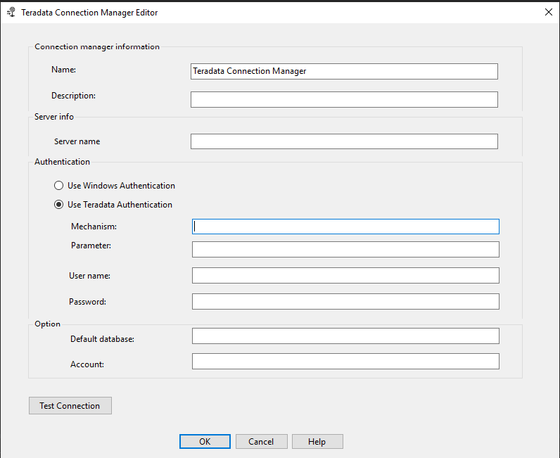 Il riquadro Editor di Gestione connessioni Teradata