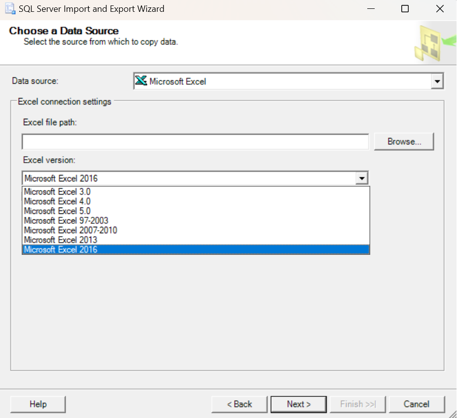 Screenshot dell'Importazione/Esportazione guidata Excel in SSMS con Microsoft Excel 2016 selezionato.