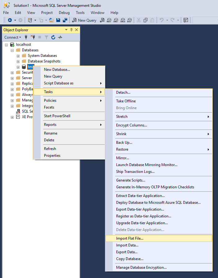 Screenshot del menu Importa file piatto.