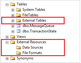 Schermata degli oggetti PolyBase in SSMS.