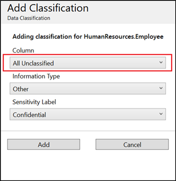 screenshot della classificazione dei dati di SSMS che seleziona tutte le colonne non classificate