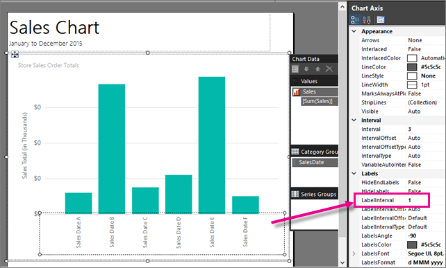 Screenshot che mostra come impostare l'intervallo di etichette dell'istogramma del Report Builder.