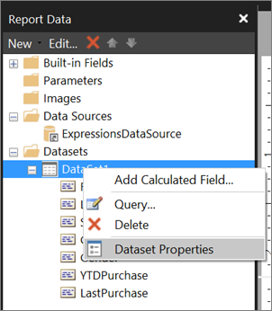 Screenshot che mostra come accedere alle proprietà del dataset in Report Builder.