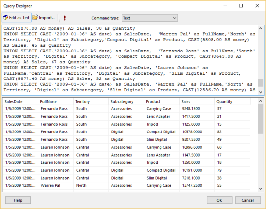 Schermata di Query Designer che mostra i dati disponibili da visualizzare nel report a formato libero di Generatore report.