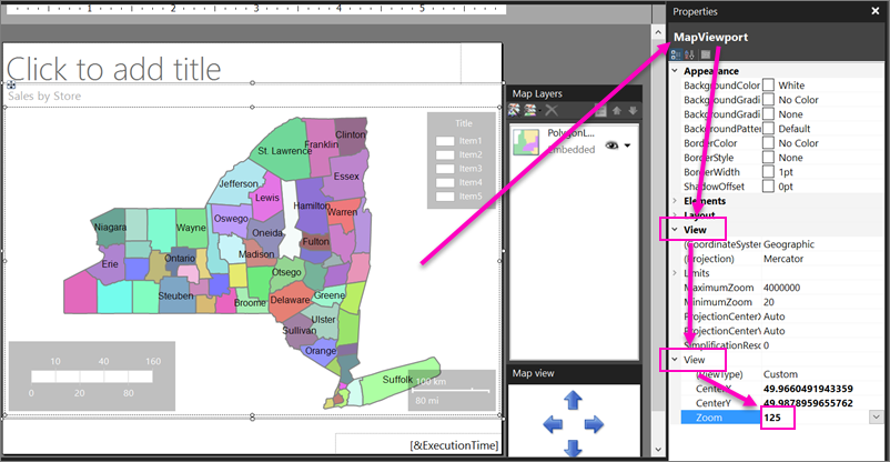 Screenshot che mostra come regolare lo zoom della mappa di Report Builder.