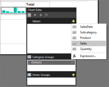 Screenshot che mostra come aggiungere valori allo sparkline di Generatore di report.