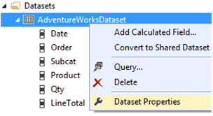 Schermata del menu contestuale di AdventureWorksDataset che evidenzia l'opzione Proprietà del set di dati.