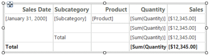 Screenshot che mostra gli handle di riga e colonna per una tabella nell'area di disegno in Report Builder.